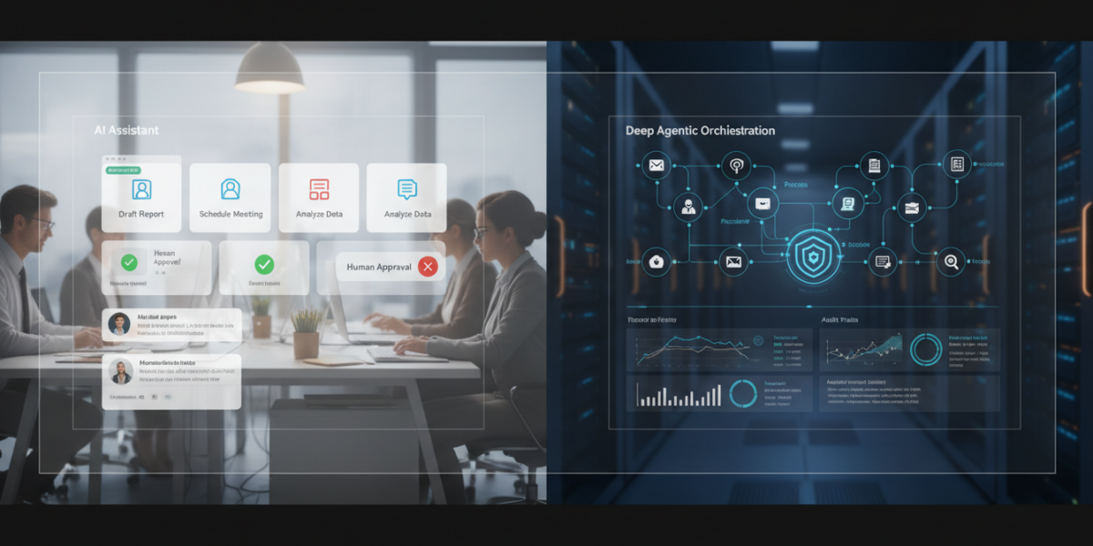 Split-screen enterprise illustration showing a simple AI assistant dashboard beside a complex agentic automation system with connected apps and monitoring panels.