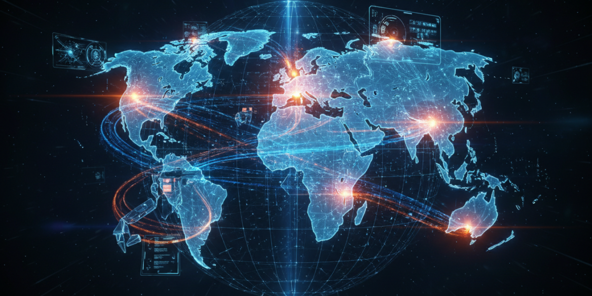 Abstract representation of AI bot traffic flowing through a global digital network