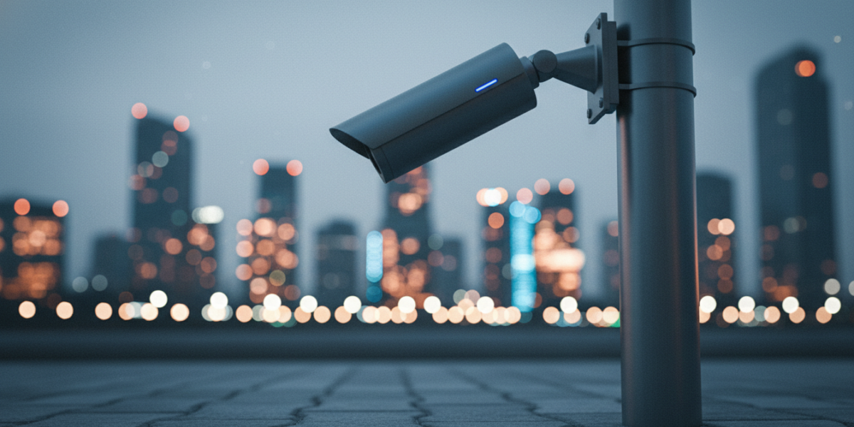 A city surveillance camera against a blurred urban background, symbolizing modern policing technology and privacy concerns.