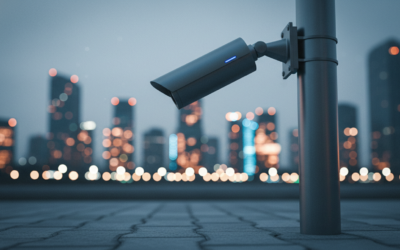A city surveillance camera against a blurred urban background, symbolizing modern policing technology and privacy concerns.