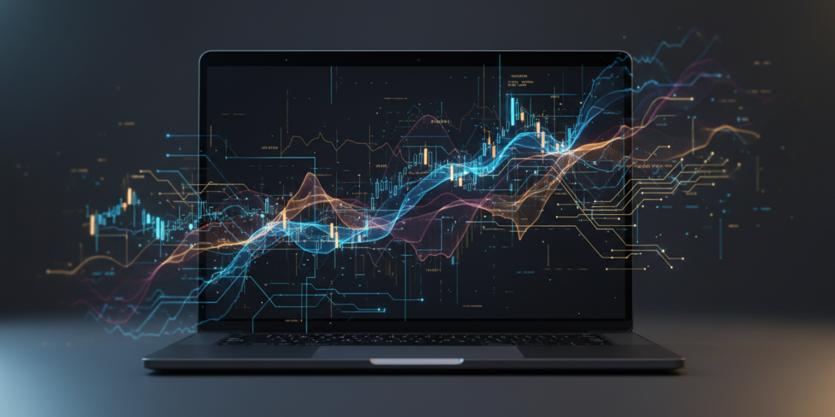 Modern laptop screen displaying cryptocurrency market data analytics visualized with subtle AI circuit patterns, representing automated trading intelligence.