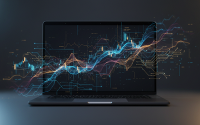 Modern laptop screen displaying cryptocurrency market data analytics visualized with subtle AI circuit patterns, representing automated trading intelligence.
