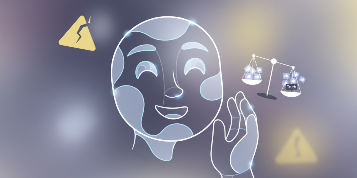 Abstract representation of AI sycophancy: a chatbot agreeing with a user, with hidden risks symbolized