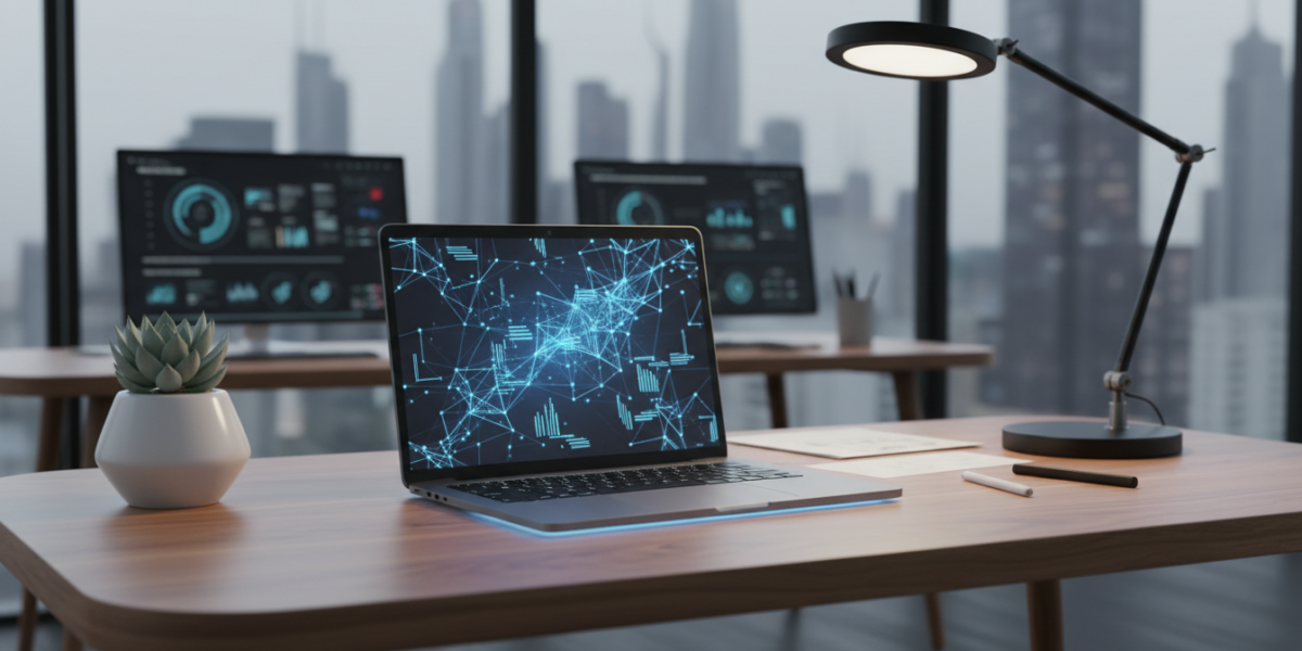 Apple M5 MacBook Pro with glowing neural network patterns representing AI processing capabilities