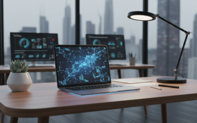 Apple M5 MacBook Pro with glowing neural network patterns representing AI processing capabilities