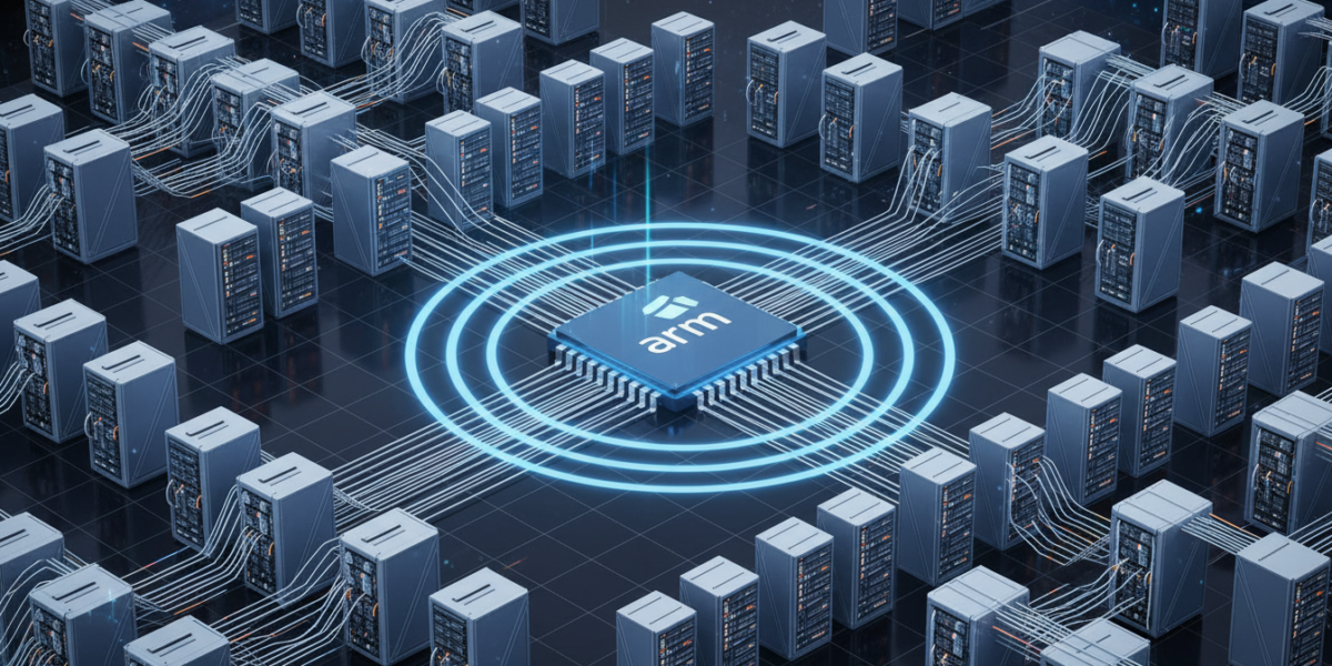 A futuristic Arm chip at the center of a vast, illuminated AI data center.