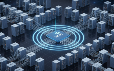 A futuristic Arm chip at the center of a vast, illuminated AI data center.