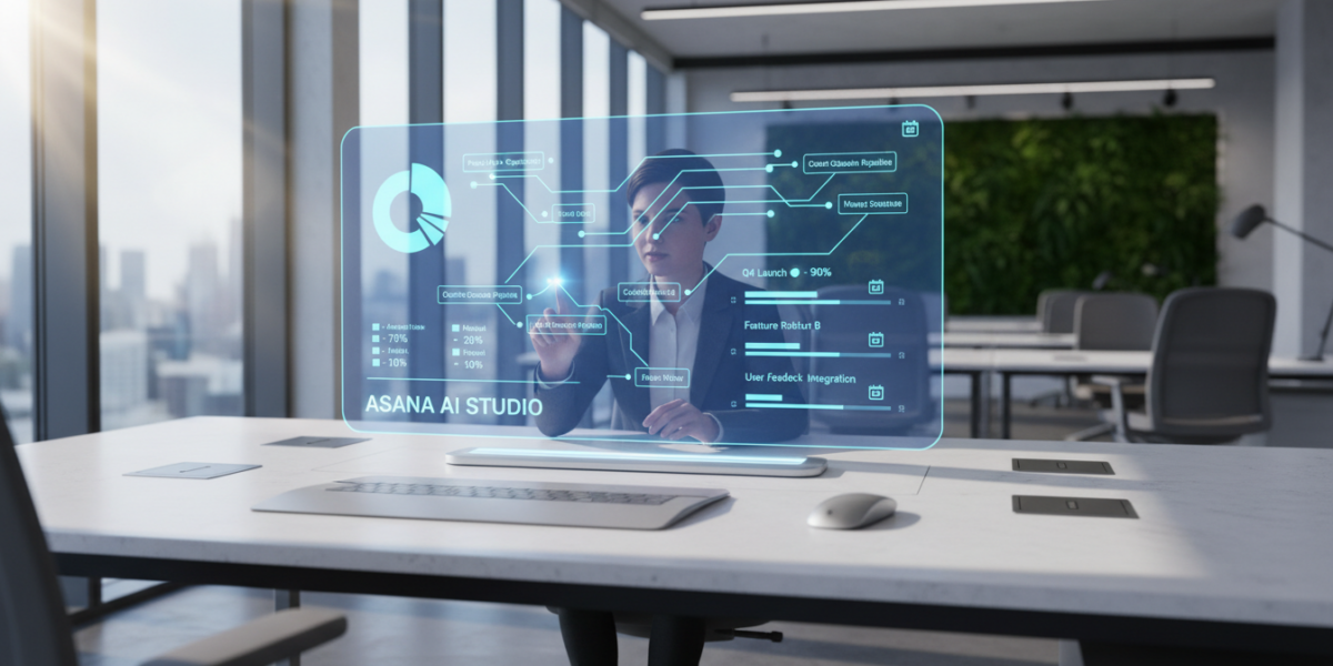 Asana AI Studio interface showing automated project management workflows and AI agent controls in a modern office setting