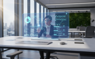 Asana AI Studio interface showing automated project management workflows and AI agent controls in a modern office setting