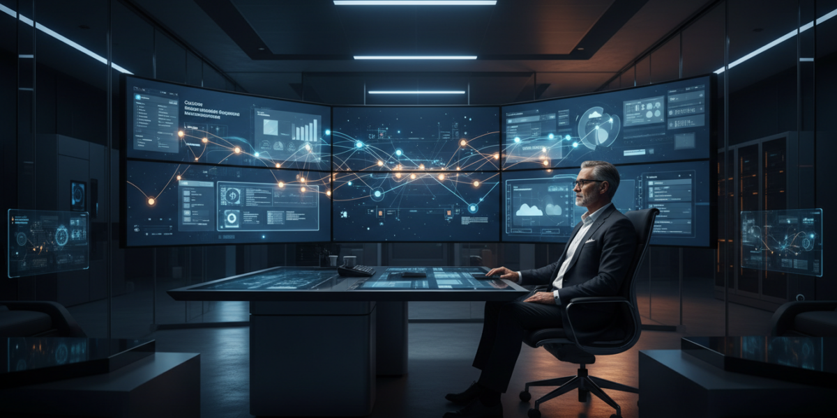 Executive reviewing interconnected AI automation dashboards linking support, CRM, finance, and cloud tools in a modern office.