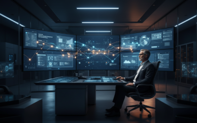 Executive reviewing interconnected AI automation dashboards linking support, CRM, finance, and cloud tools in a modern office.