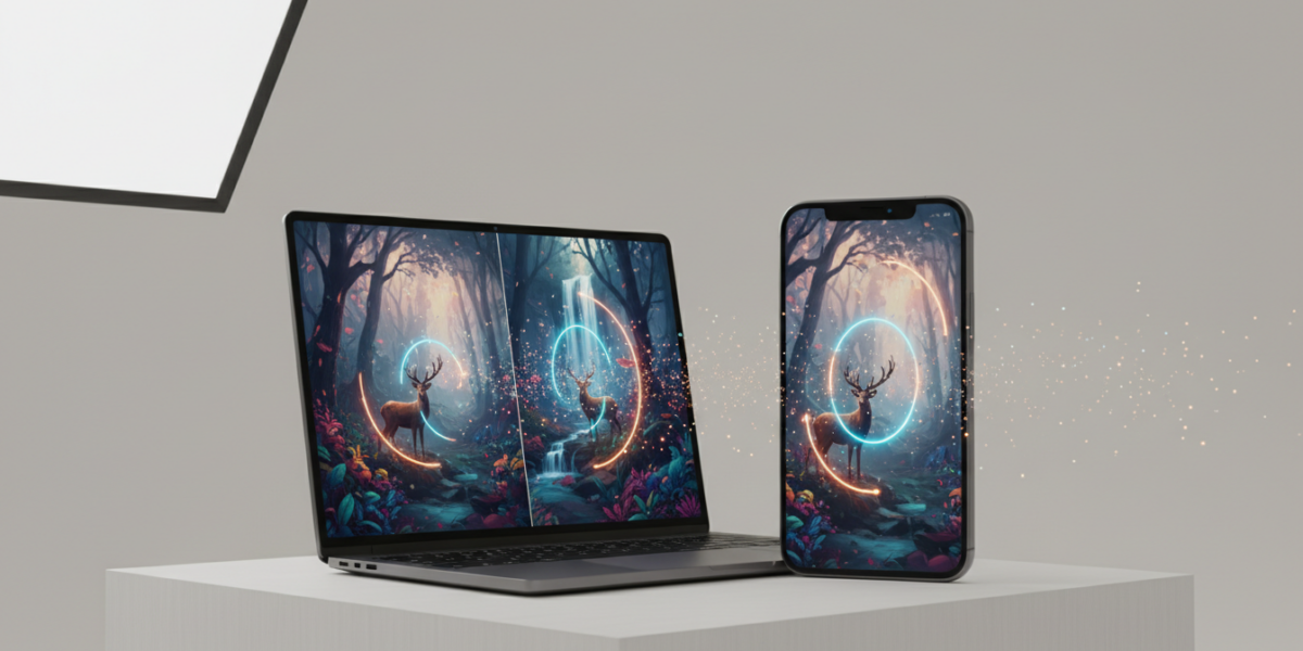 Smartphone and laptop displaying AI-enhanced photo editing in real time, showing before-and-after visuals with glowing digital effects indicating intelligent processing.