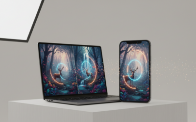 Smartphone and laptop displaying AI-enhanced photo editing in real time, showing before-and-after visuals with glowing digital effects indicating intelligent processing.