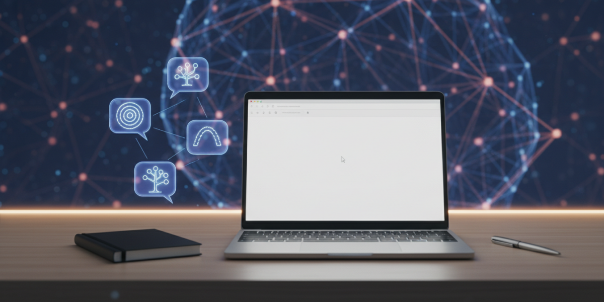 Futuristic AI-assisted writing setup with a laptop, holographic interface, and creative elements in a modern workspace