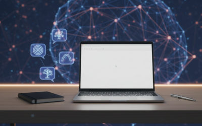 Futuristic AI-assisted writing setup with a laptop, holographic interface, and creative elements in a modern workspace