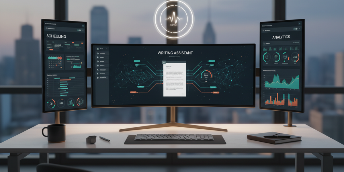 A futuristic workspace with AI assistant dashboards displayed across multiple monitors, showing intelligent scheduling, writing, and analytics in a clean, professional environment.