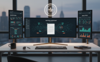 A futuristic workspace with AI assistant dashboards displayed across multiple monitors, showing intelligent scheduling, writing, and analytics in a clean, professional environment.