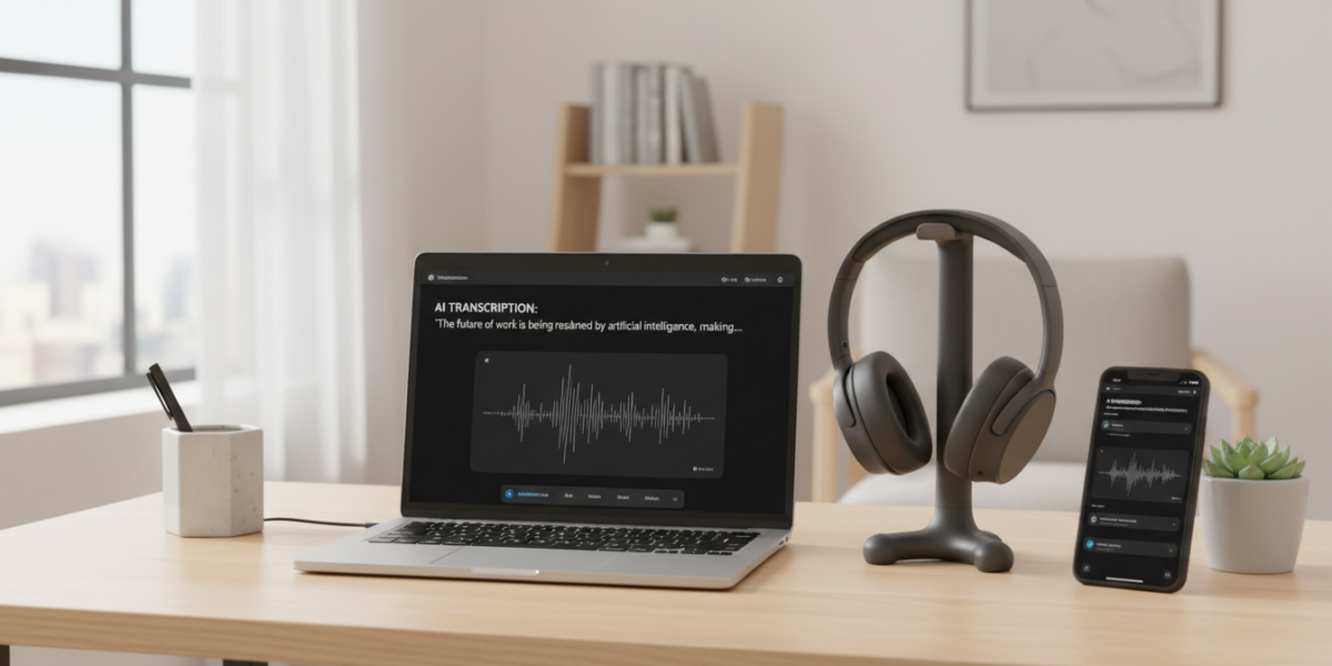 Professional using AI note-taking app on laptop and smartphone during a virtual meeting.
