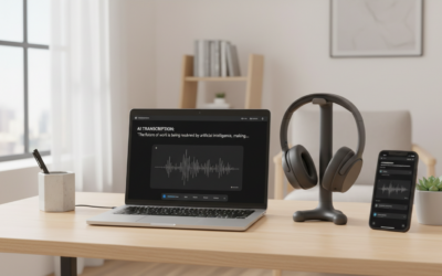 Professional using AI note-taking app on laptop and smartphone during a virtual meeting.