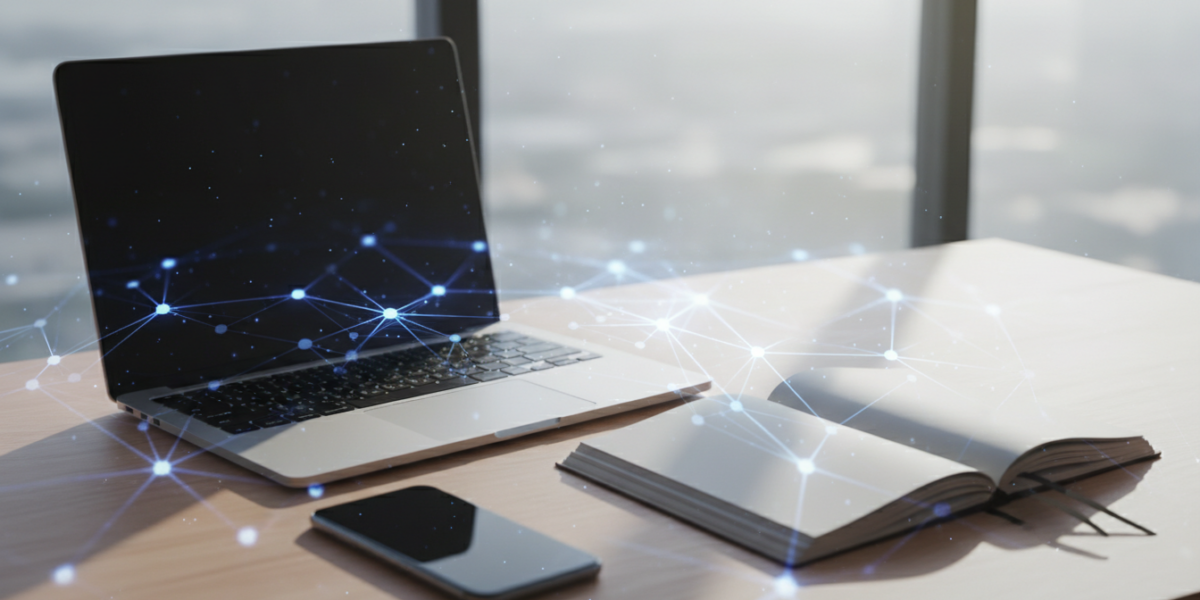 A laptop, notebook, and smartphone on a sunlit desk with a faint AI-inspired glow, symbolizing intelligent note-taking for college students.