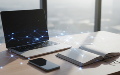 A laptop, notebook, and smartphone on a sunlit desk with a faint AI-inspired glow, symbolizing intelligent note-taking for college students.