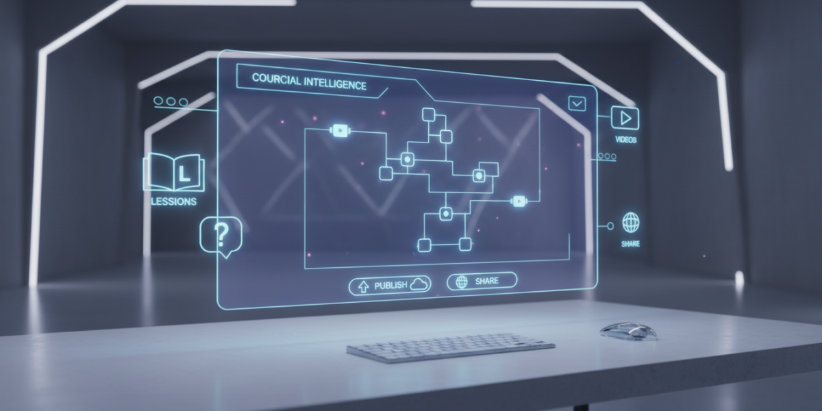 AI course generator interface creating a digital course with modules, quizzes, and video elements in a sleek dashboard environment.