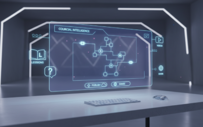 AI course generator interface creating a digital course with modules, quizzes, and video elements in a sleek dashboard environment.