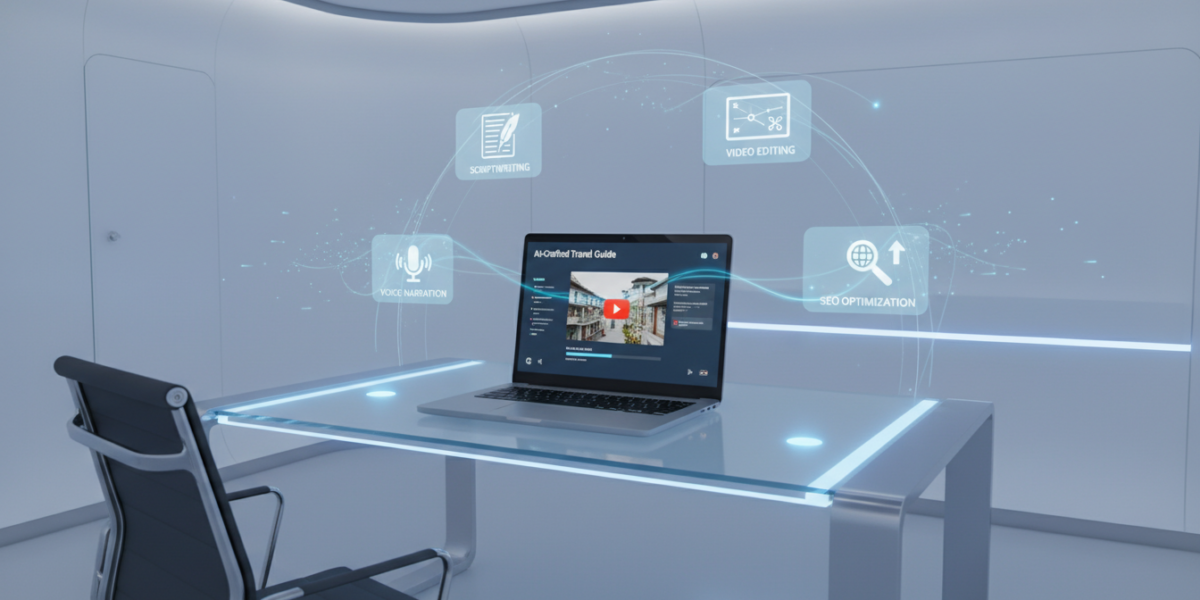 Digital workspace showing AI-powered YouTube video creation with interface elements for scripting, voiceover, editing, and SEO optimization