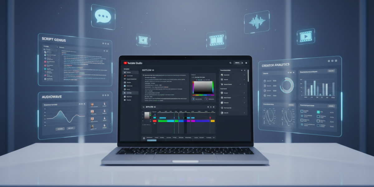 Editorial concept image of AI-powered YouTube content creation setup with tools for scripting, editing, voice generation, and analytics on a modern workstation.