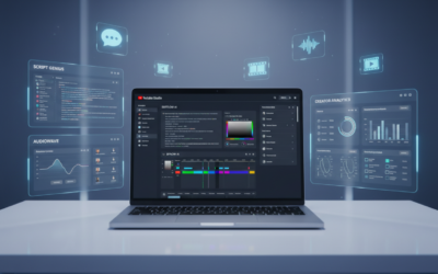 Editorial concept image of AI-powered YouTube content creation setup with tools for scripting, editing, voice generation, and analytics on a modern workstation.