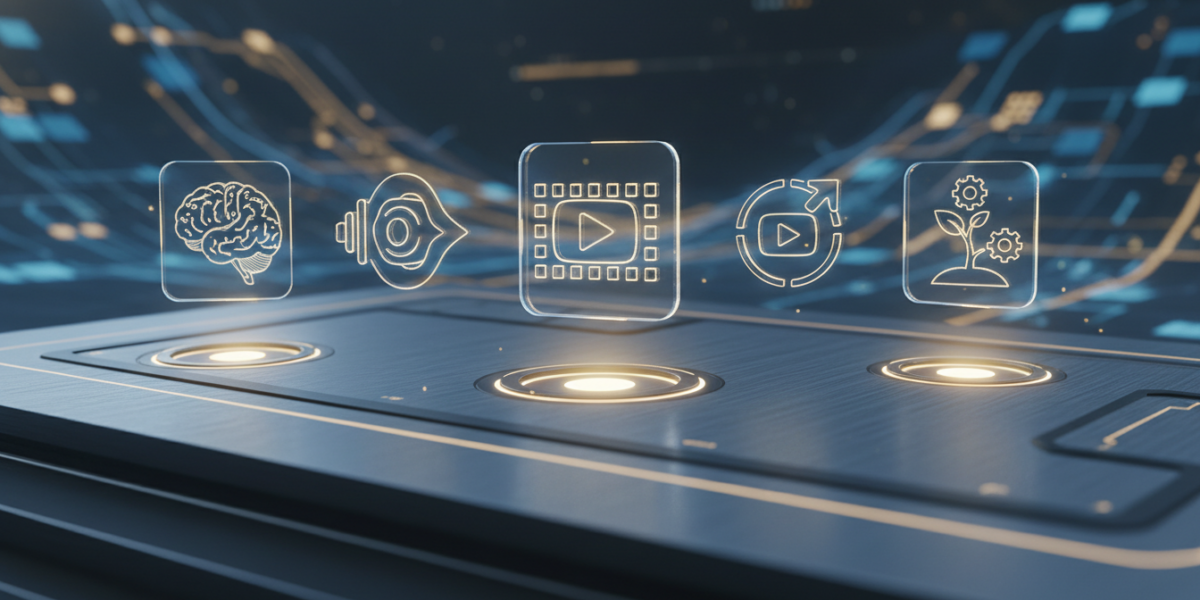 Futuristic dashboard with AI-powered YouTube automation tools including video generation, voice synthesis, SEO analysis, and growth metrics.