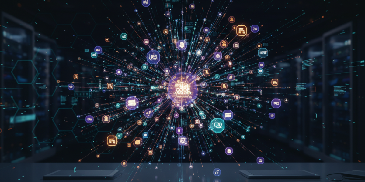 Abstract visualization of AI Architect's dynamic knowledge graph connecting code repositories.