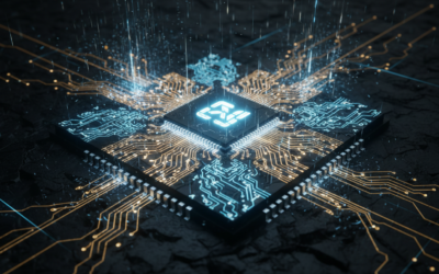 Close-up view of an advanced silicon chip with integrated AI circuitry for real-time data processing