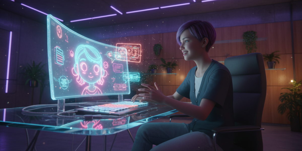 A person engaged in a conversational AI interaction with a custom character on the Character.AI platform in a modern workspace.