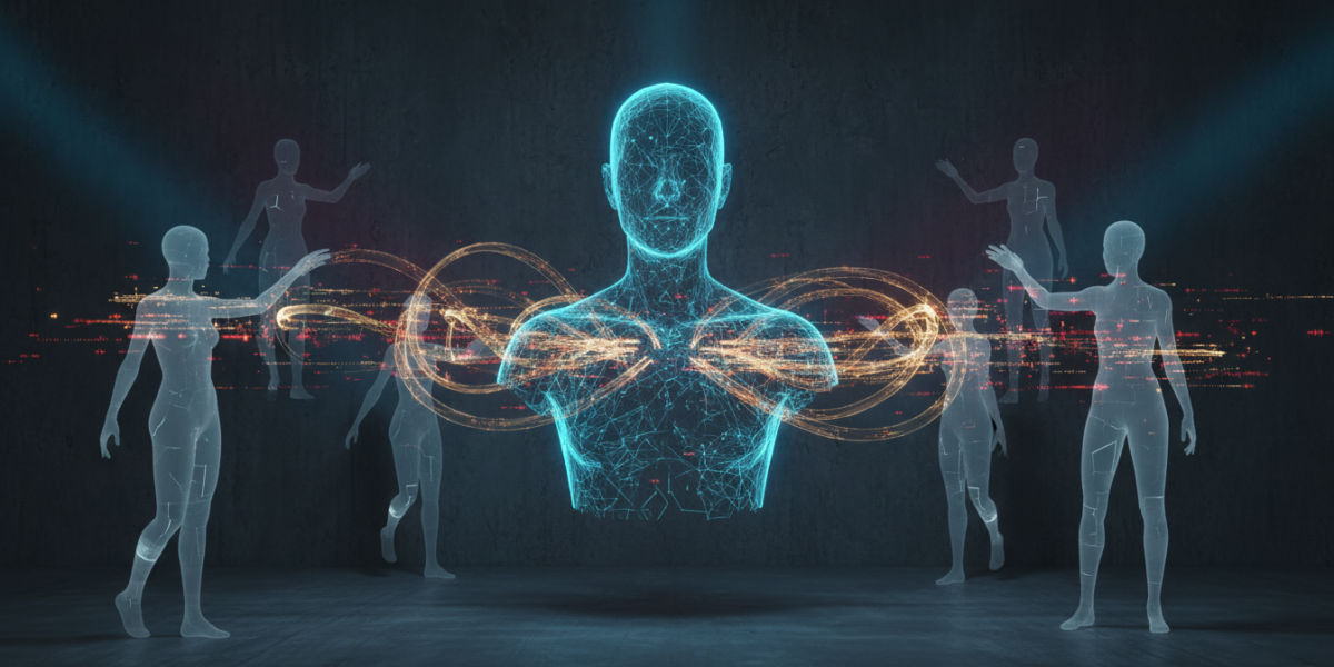 Conceptual illustration of an AI persona avatar interacting with human data streams.