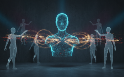 Conceptual illustration of an AI persona avatar interacting with human data streams.