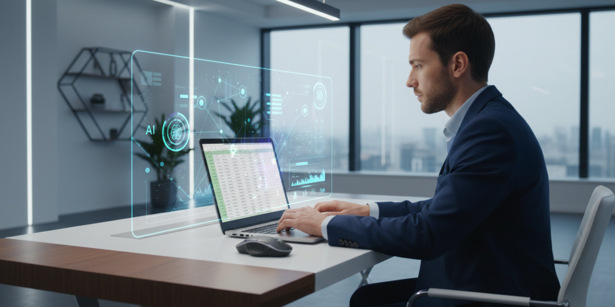 Accountant using AI-powered Excel interface with natural language commands for spreadsheet automation