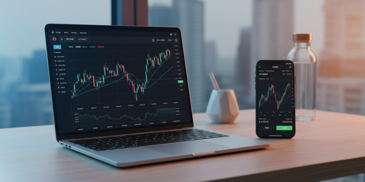 Modern cryptocurrency trading setup with laptop showing trading charts and mobile app interface for automated trading bots