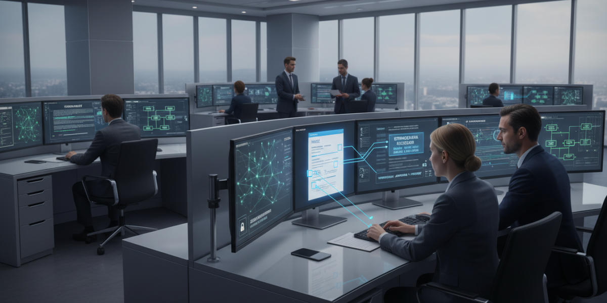 Enterprise team reviewing AI-processed invoices and contracts on monitors with automated document workflow visuals