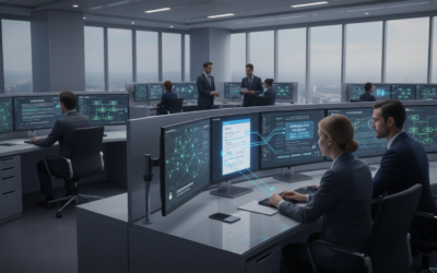 Enterprise team reviewing AI-processed invoices and contracts on monitors with automated document workflow visuals