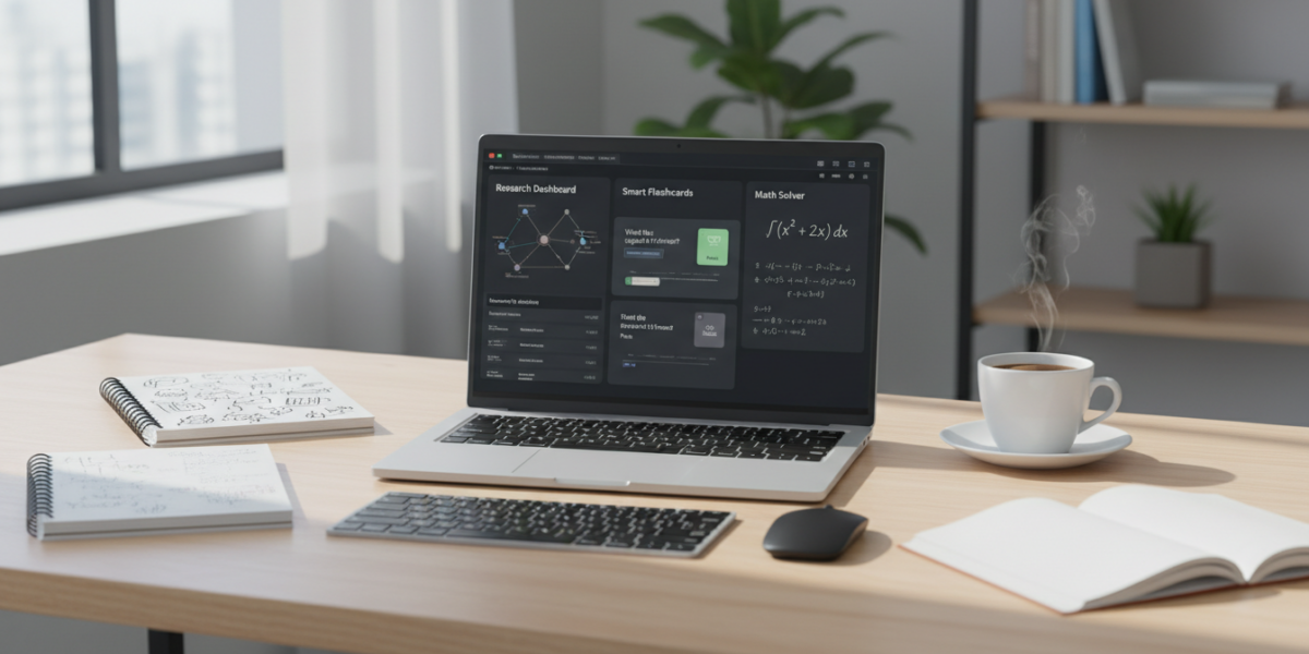 Student using AI-powered learning tools on a laptop in a bright, organized study space