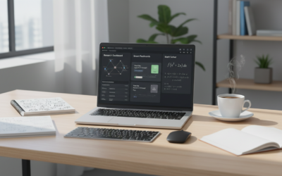 Student using AI-powered learning tools on a laptop in a bright, organized study space