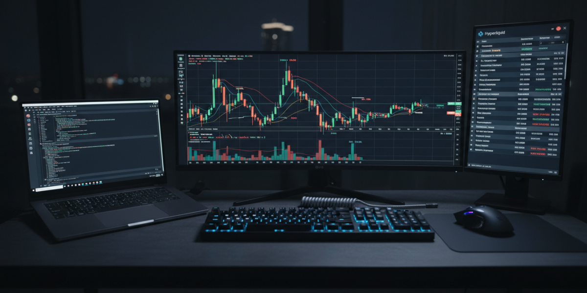 Professional setup for algorithmic trading: a laptop displays Python code and a trading chart alongside a monitor showing the Hyperliquid exchange interface.