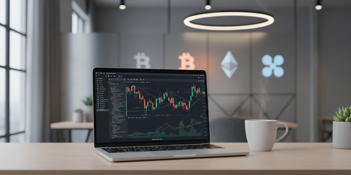 Freqtrade open-source trading bot setup with code and trading charts on laptop