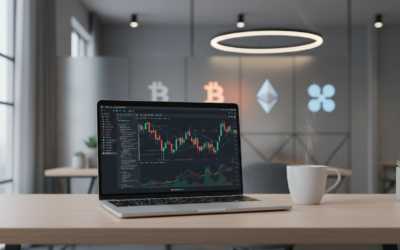 Freqtrade open-source trading bot setup with code and trading charts on laptop