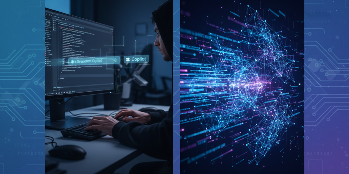 Editorial illustration of a developer using GitHub Copilot with data streams feeding into an AI model, representing the new data usage policy update.
