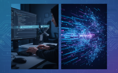 Editorial illustration of a developer using GitHub Copilot with data streams feeding into an AI model, representing the new data usage policy update.