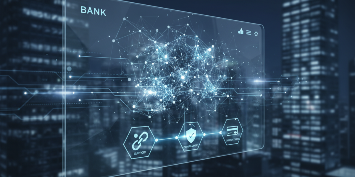 An abstract representation of AI integrating with modern banking systems, showing a neural network overlaid on financial dashboards and interaction points.