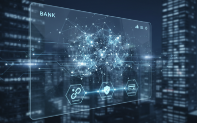 An abstract representation of AI integrating with modern banking systems, showing a neural network overlaid on financial dashboards and interaction points.