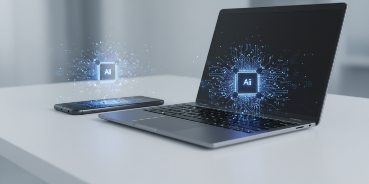 Smartphone and laptop with integrated AI hardware, representing on-device intelligence and modern computing.